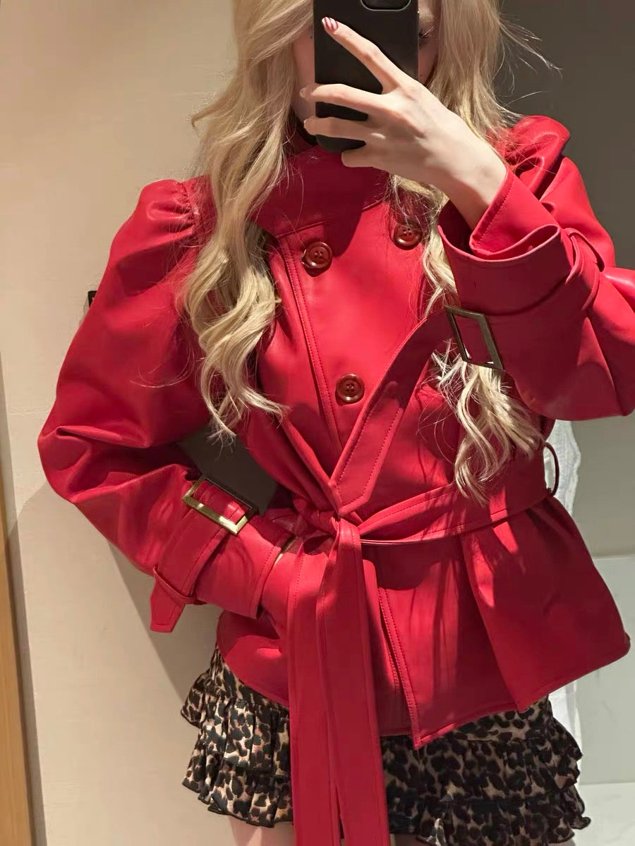 4muggle | Umbrella Pleated Stand-Collar Leather Jacket + Mini Skirt (2 Color)