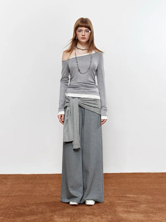 ROCHA ROMA | Gray Off-Shoulder Contrast Layered Knit Top + Detachable Two-Way Sweatpants