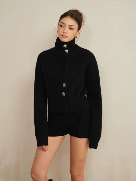 J TheChosen | Rhinestone Turtleneck Padded-Shoulder Knit Wool Cardigan & Shorts Set