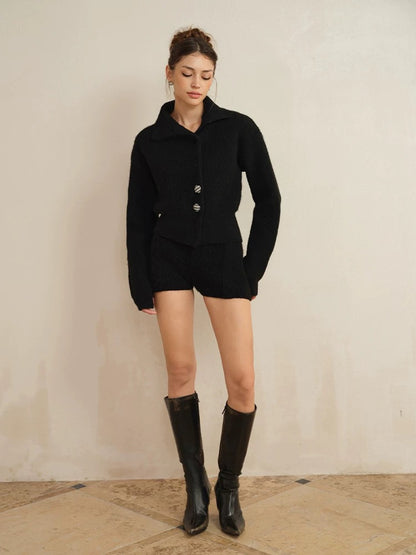 J TheChosen | Rhinestone Turtleneck Padded-Shoulder Knit Wool Cardigan & Shorts Set