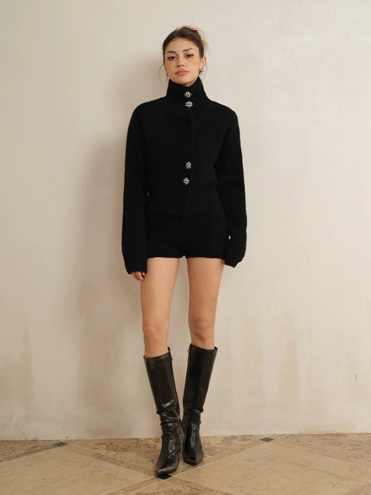 J TheChosen | Rhinestone Turtleneck Padded-Shoulder Knit Wool Cardigan & Shorts Set