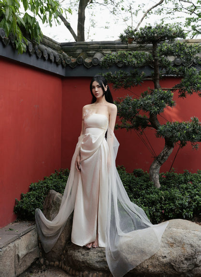 CROW CREW | Sheer Veil Strapless Dress (White)