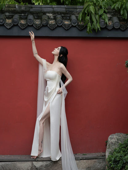 CROW CREW | Sheer Veil Strapless Dress (White)