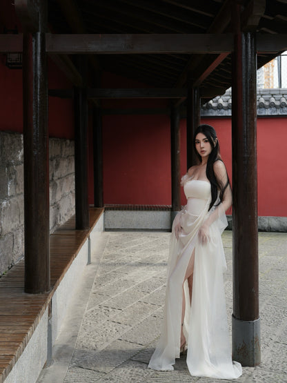 CROW CREW | Sheer Veil Strapless Dress (White)