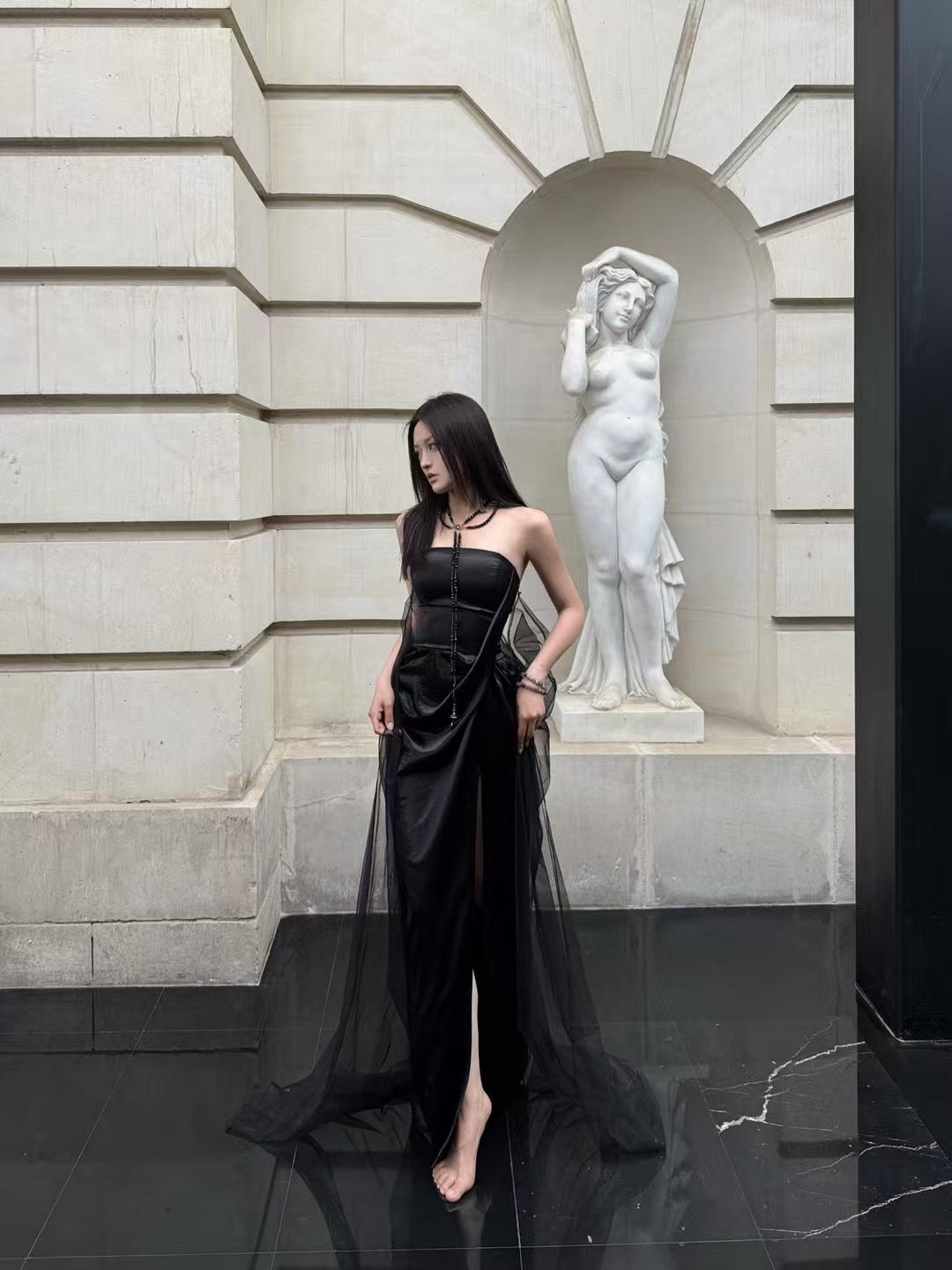 CROW CREW | Sheer Veil Strapless Dress (Black)