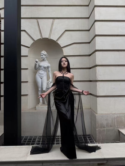 CROW CREW | Sheer Veil Strapless Dress (Black)