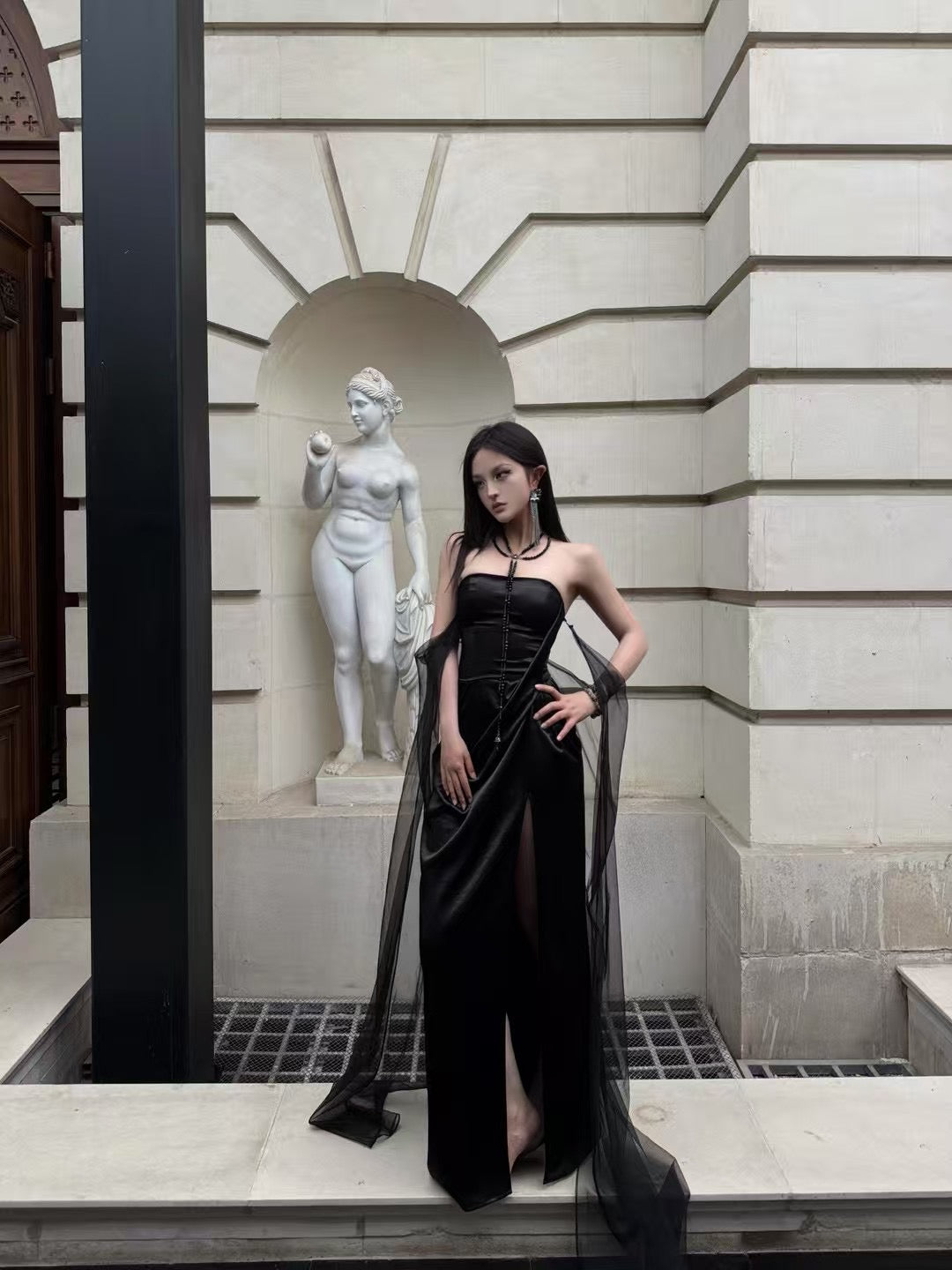 CROW CREW | Sheer Veil Strapless Dress (Black)