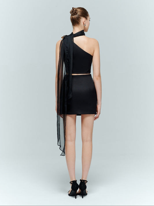 Artel Retro | Silk Tank Top with Ribbon + Mesh Mini Skirt (Black)