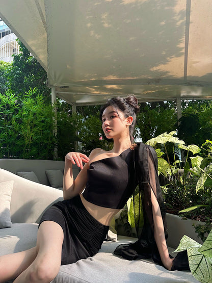 Artel Retro | Silk Tank Top with Ribbon + Mesh Mini Skirt (Black)