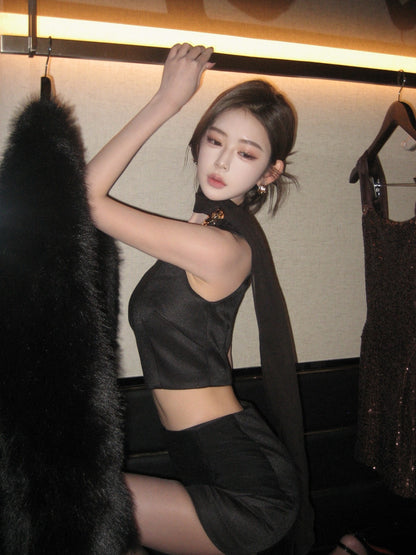 Artel Retro | Silk Tank Top with Ribbon + Mesh Mini Skirt (Black)