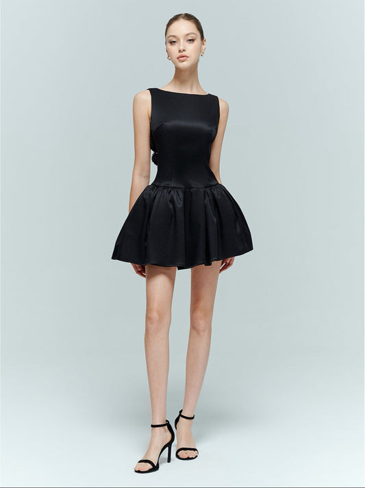 Artel Retro | Backless Floral Puff Dress (Black)