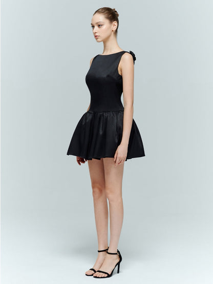 Artel Retro | Backless Floral Puff Dress (Black)