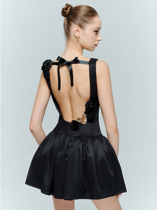 Artel Retro | Backless Floral Puff Dress (Black)