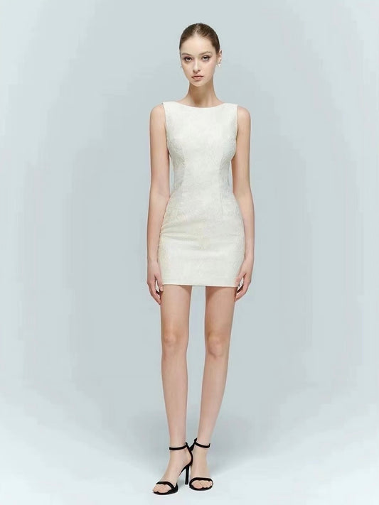 Artel Retro | Backless Jacquard Mini Dress with Pearl Detail (White)