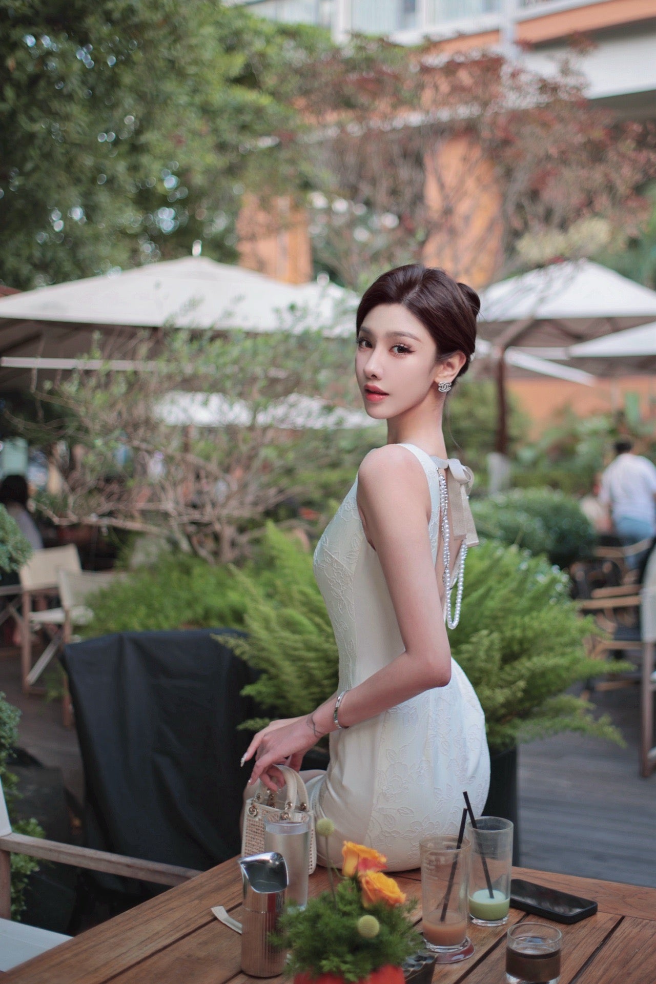 Artel Retro | Backless Jacquard Mini Dress with Pearl Detail (White)