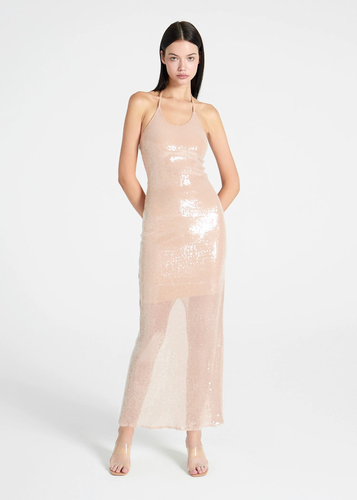 XENASERA | Sequined Halter Neck Backless Dress