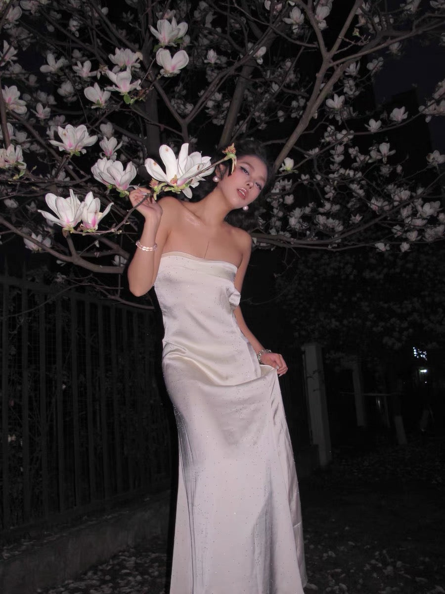 XENASERA | Rhinestone-Embellished Satin Strapless Backless Dress