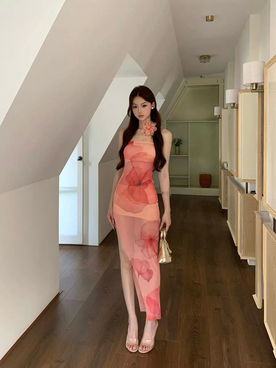 XENASERA | Stretch Mesh Strapless Dress with Sakura Print (with Necklace)