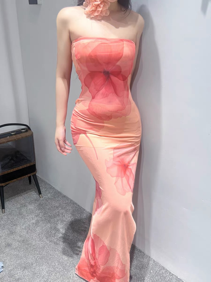 XENASERA | Stretch Mesh Strapless Dress with Sakura Print (with Necklace)