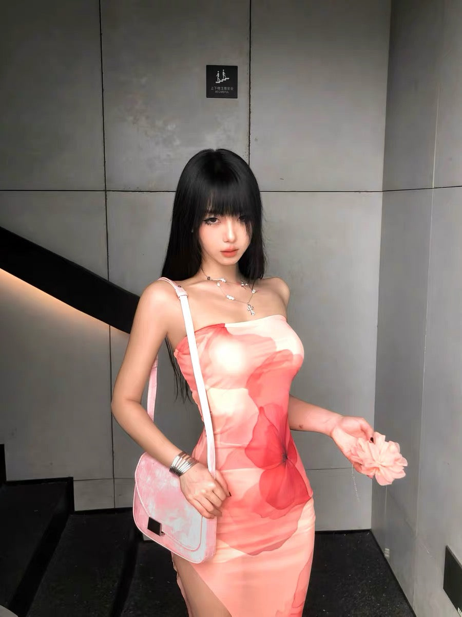 XENASERA | Stretch Mesh Strapless Dress with Sakura Print (with Necklace)