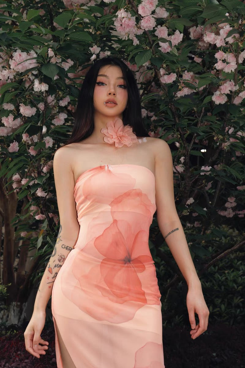 XENASERA | Stretch Mesh Strapless Dress with Sakura Print (with Necklace)