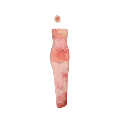 XENASERA | Stretch Mesh Strapless Dress with Sakura Print (with Necklace)