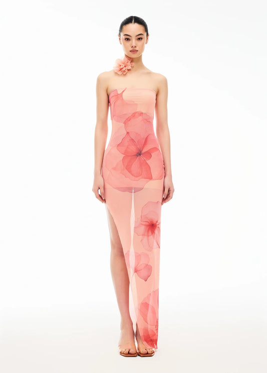 XENASERA | Stretch Mesh Strapless Dress with Sakura Print (with Necklace)