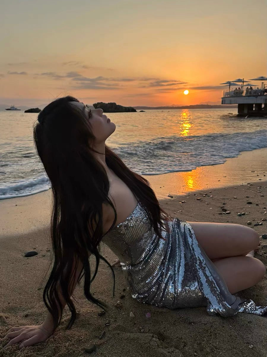 XENASERA | Moonlit Night Mermaid Sequined Maxi Dress (Silver)