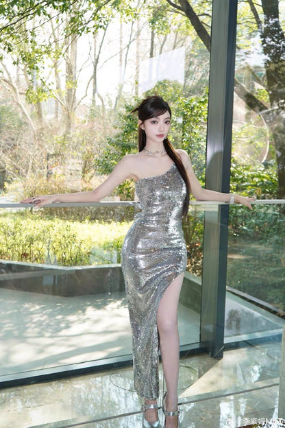 XENASERA | Moonlit Night Mermaid Sequined Maxi Dress (Silver)