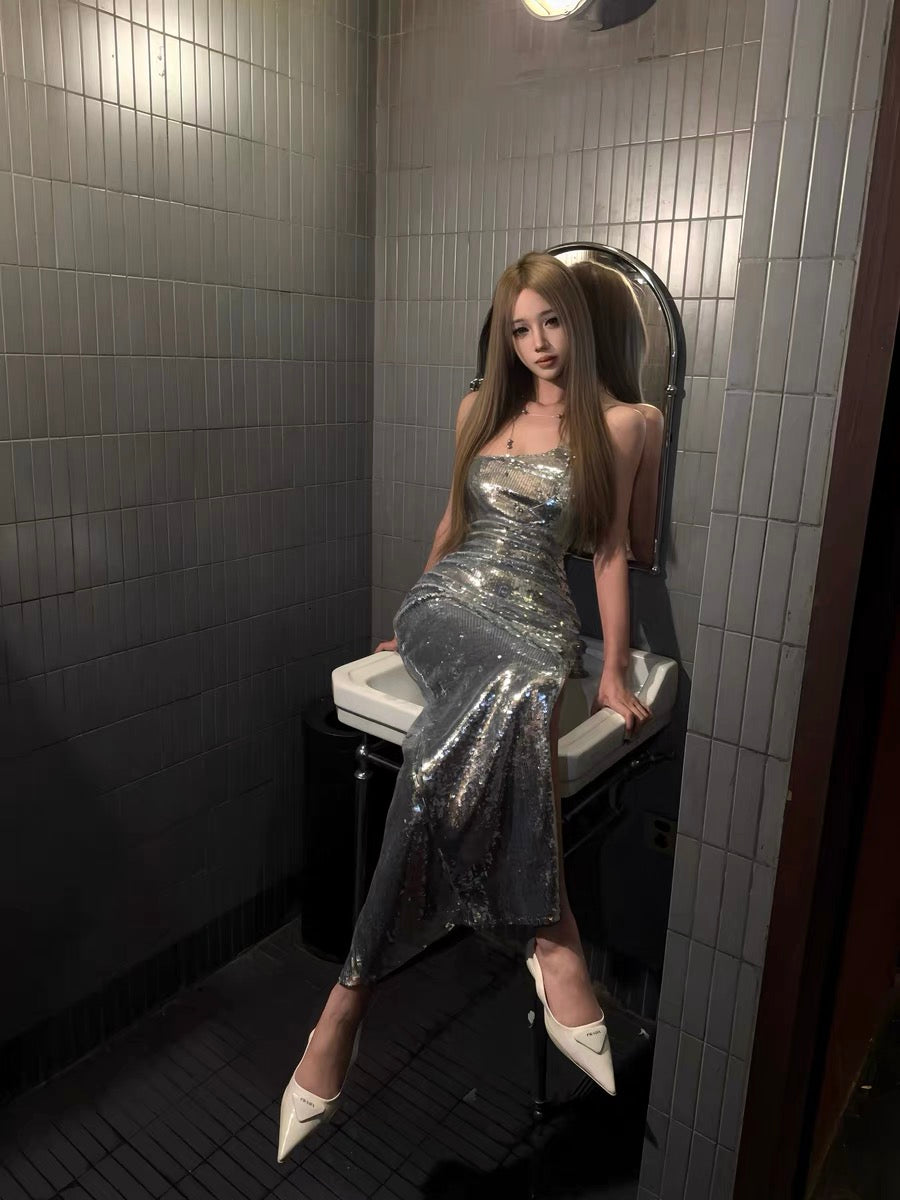 XENASERA | Moonlit Night Mermaid Sequined Maxi Dress (Silver)