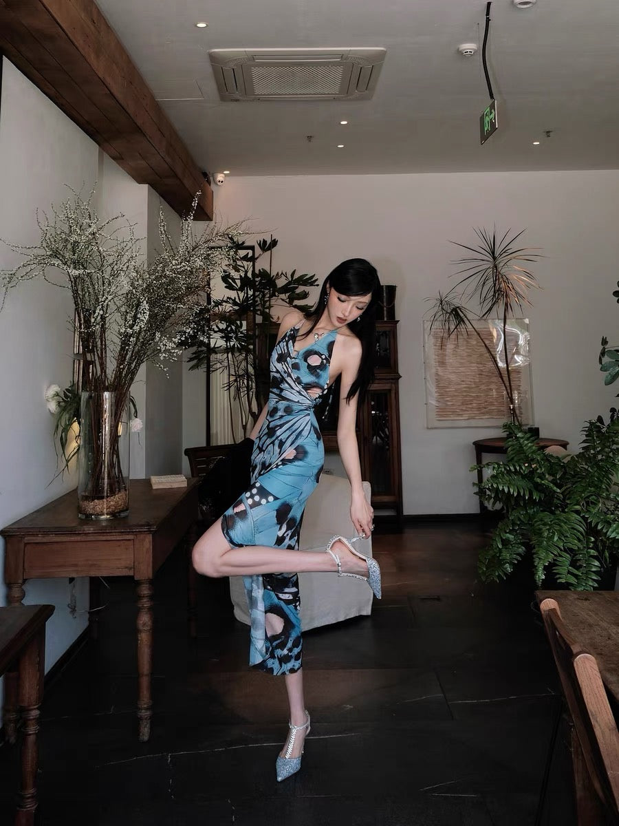 XENASERA | V-Neck Printed Halter Neck Dress
