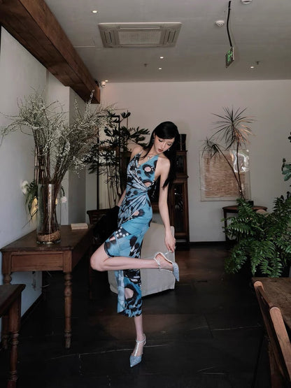 XENASERA | V-Neck Printed Halter Neck Dress