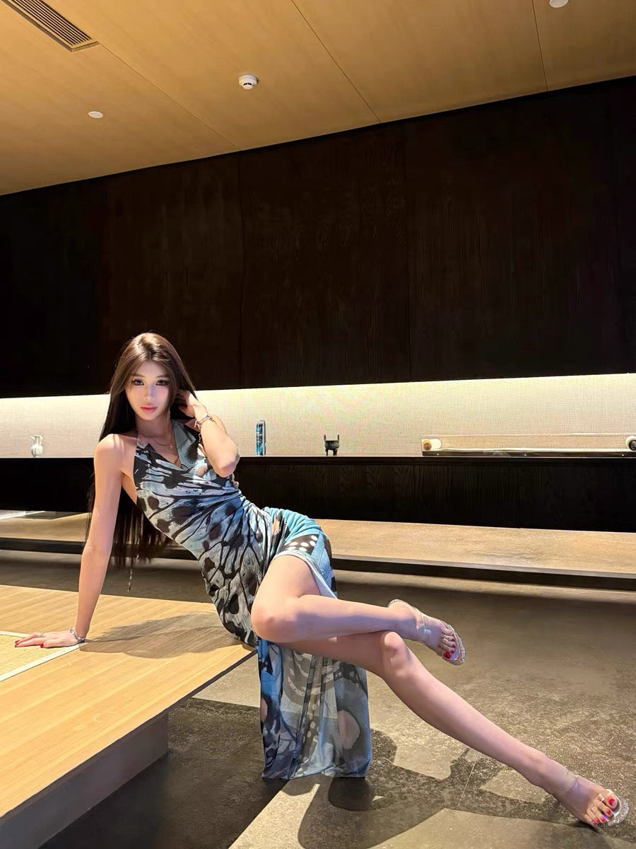 XENASERA | V-Neck Printed Halter Neck Dress