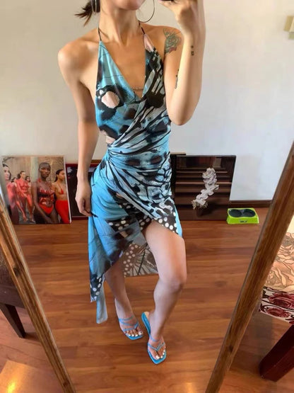 XENASERA | V-Neck Printed Halter Neck Dress