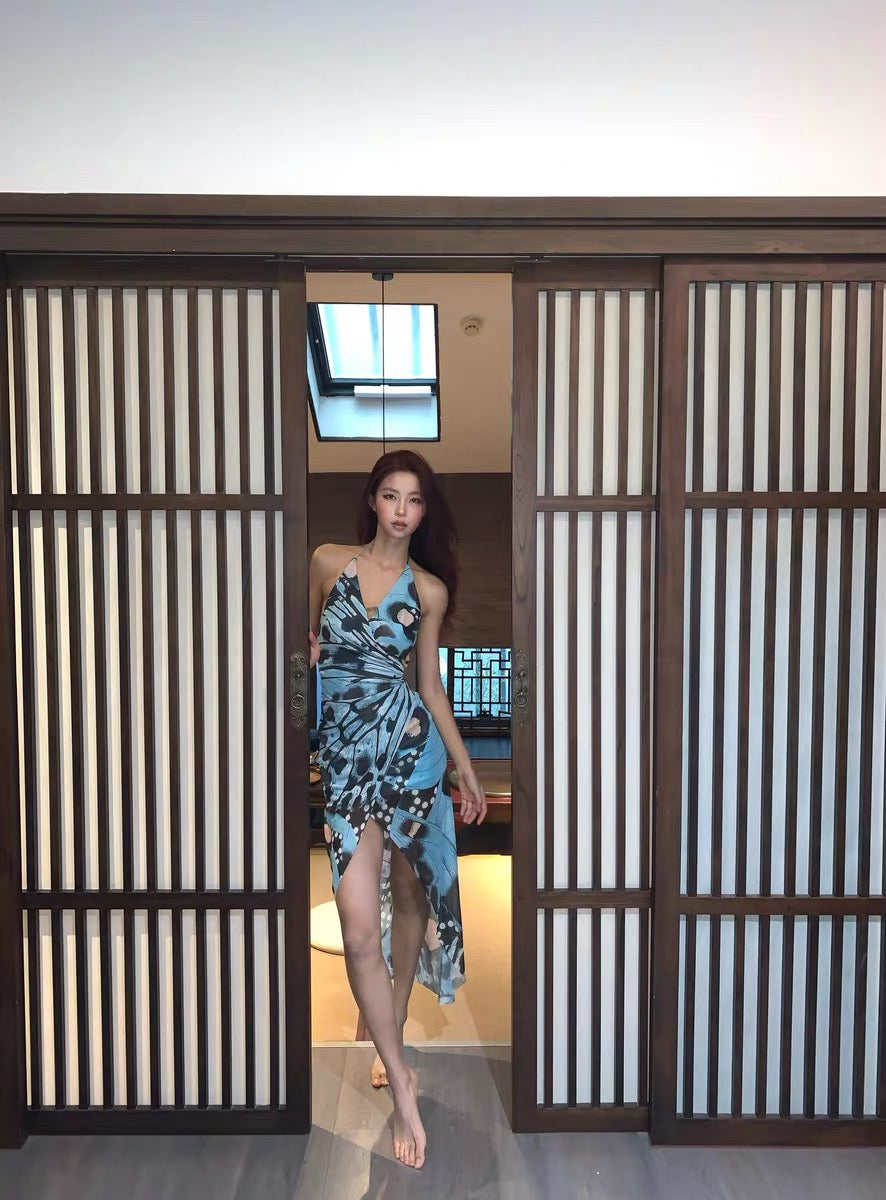 XENASERA | V-Neck Printed Halter Neck Dress