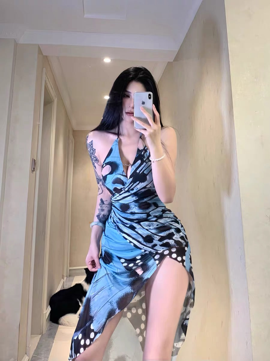 XENASERA | V-Neck Printed Halter Neck Dress