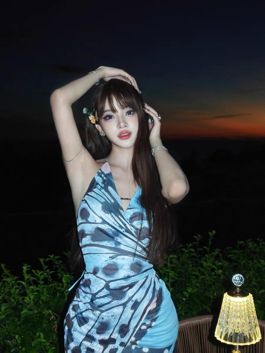 XENASERA | V-Neck Printed Halter Neck Dress