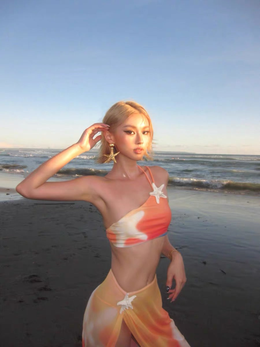 XENASERA | Starfish Print One-Shoulder Bikini and Cover Skirt Set