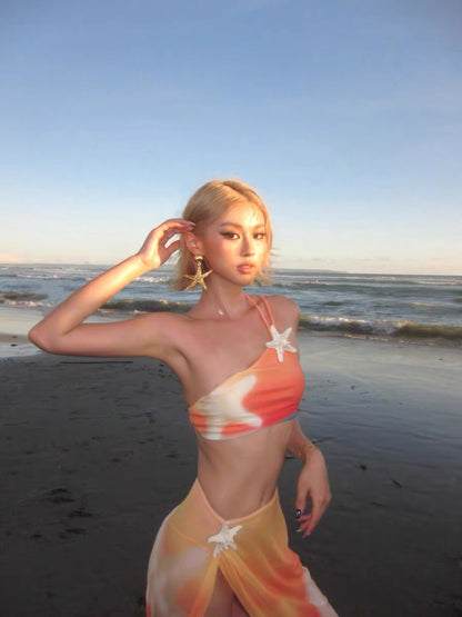 XENASERA | Starfish Print One-Shoulder Bikini and Cover Skirt Set