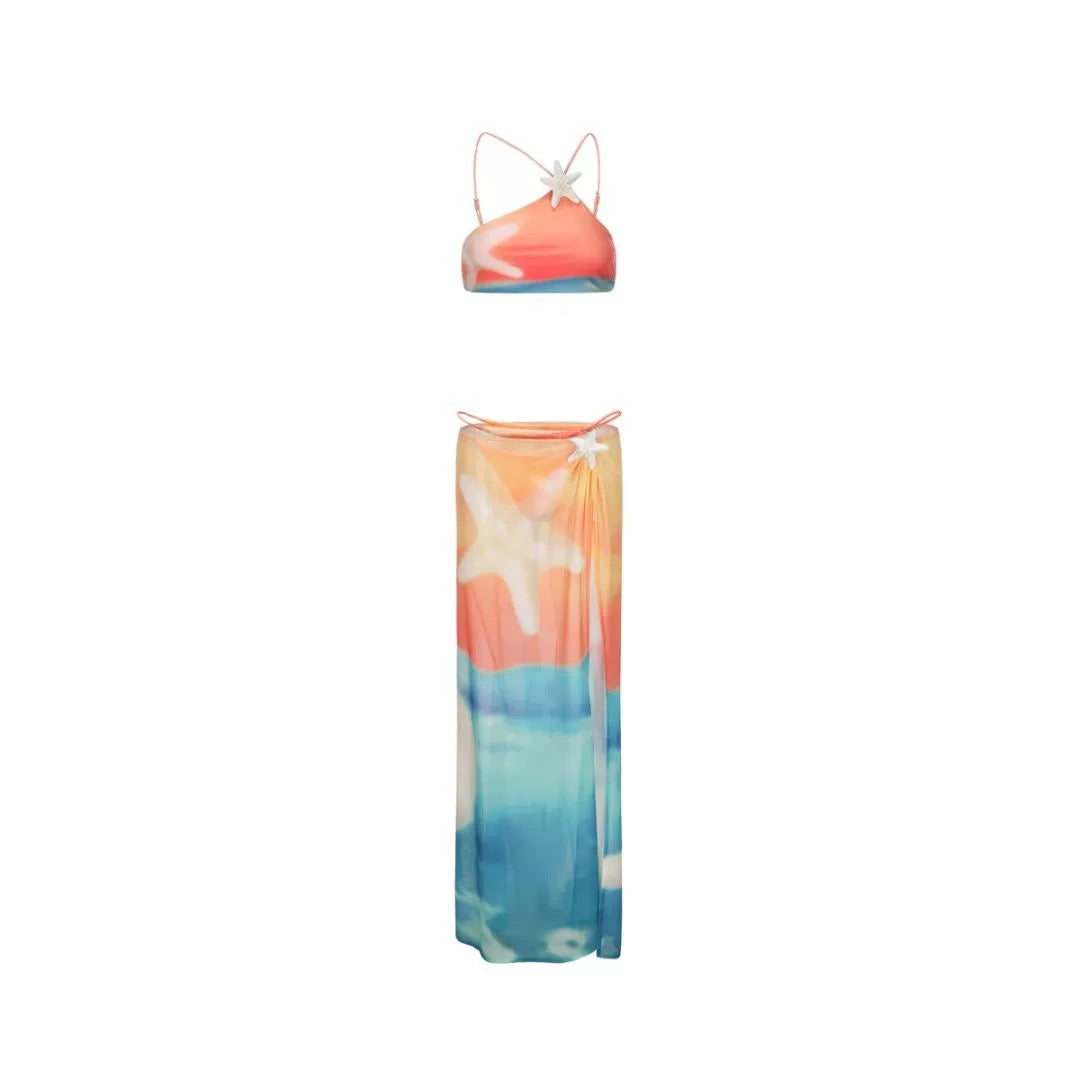 XENASERA | Starfish Print One-Shoulder Bikini and Cover Skirt Set