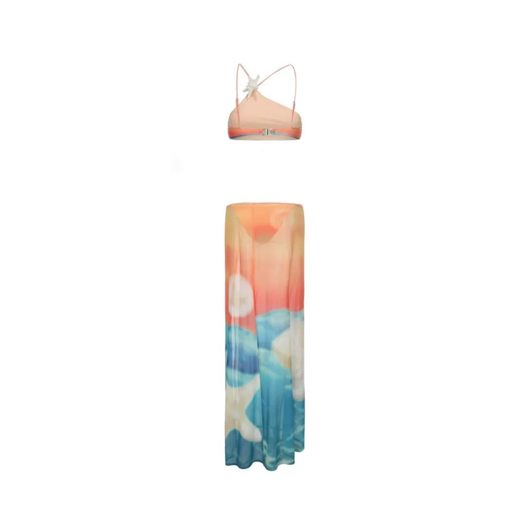 XENASERA | Starfish Print One-Shoulder Bikini and Cover Skirt Set