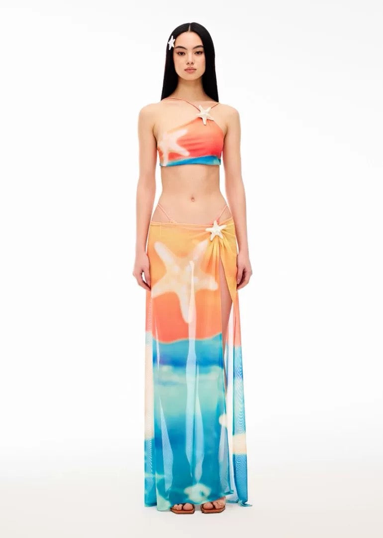 XENASERA | Starfish Print One-Shoulder Bikini and Cover Skirt Set
