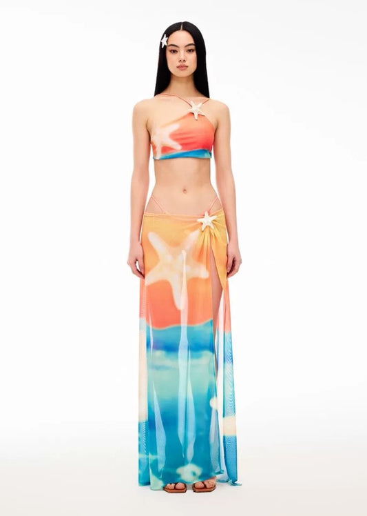 XENASERA | Starfish Print One-Shoulder Bikini and Cover Skirt Set