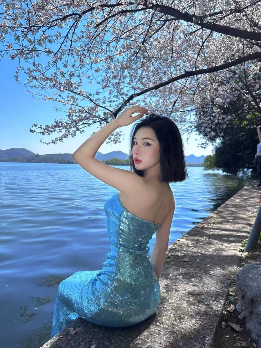 XENASERA | Teal Sequined Mermaid Dress