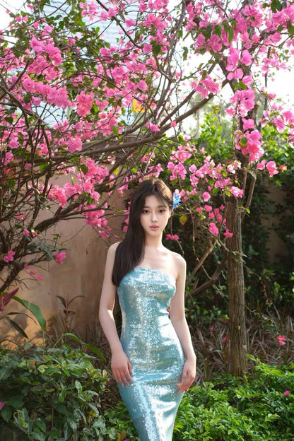 XENASERA | Teal Sequined Mermaid Dress