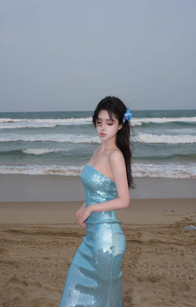 XENASERA | Teal Sequined Mermaid Dress