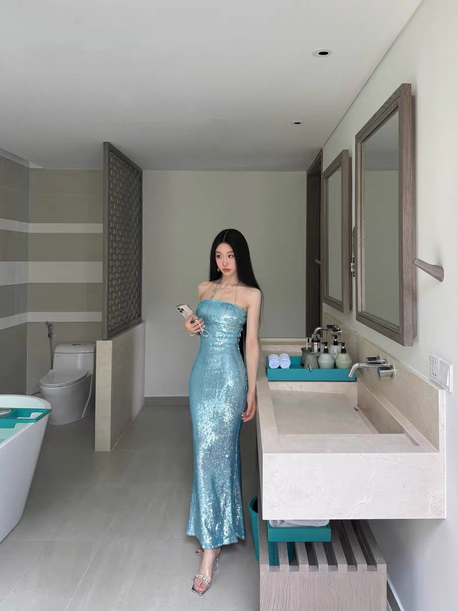 XENASERA | Teal Sequined Mermaid Dress