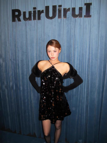 XENASERA | Halter Neck Sequined Mini Dress (Black)