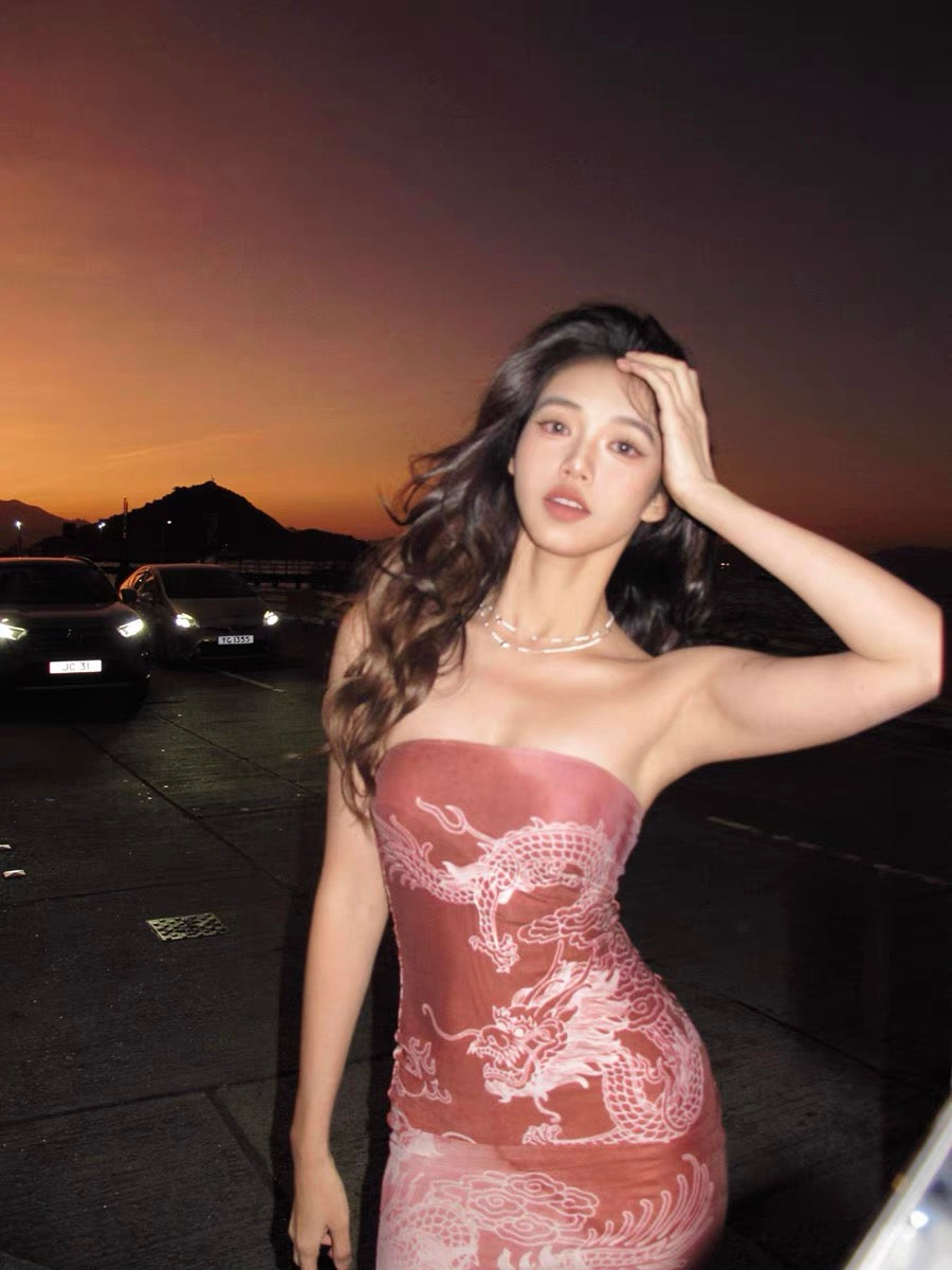 XENASERA | Chinese Style Dragon Print Strapless Mini Dress