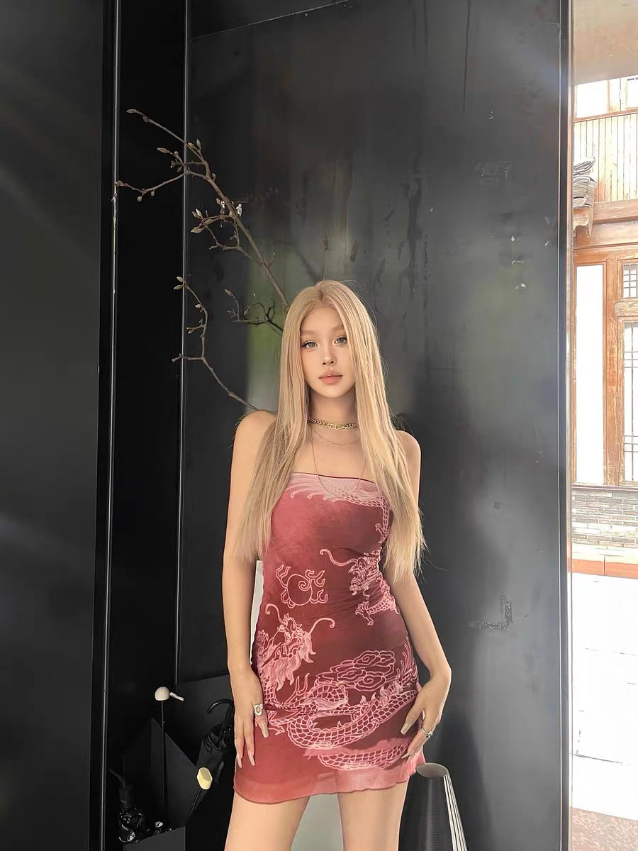 XENASERA | Chinese Style Dragon Print Strapless Mini Dress